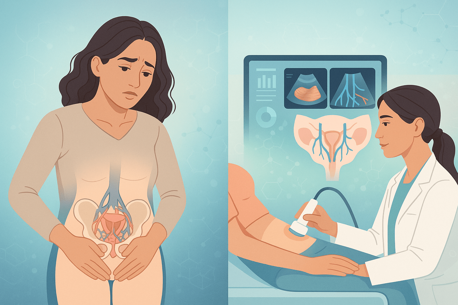 La rappresentazione delle vene pelviche dilatate che causano il varicocele pelvico